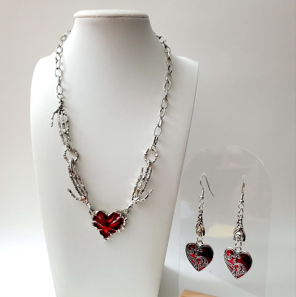 ‘Scarlet Reverie’ Silver Red Heart Necklace and Earrings
